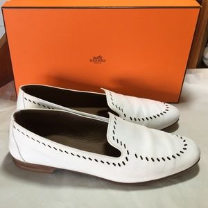 HERMES WHITE LEATHER LOAFERS PERFOR 36-6 flats slides sandals slip on pumps mule